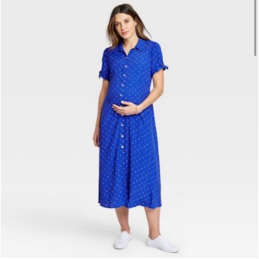 The Nines by Hatch Maternity Blue Floral Midi Maxi Button Down Dress size L
